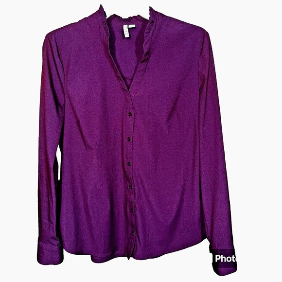 Elle Plum Ruffle Blouse M  Button Front Roll-Tab Sleeve Whimsigoth Workwear Chic - Picture 1 of 7